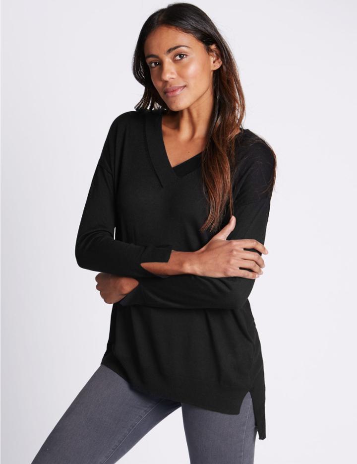 Marks & Spencer Dropped Hem V-neck Jumper Black