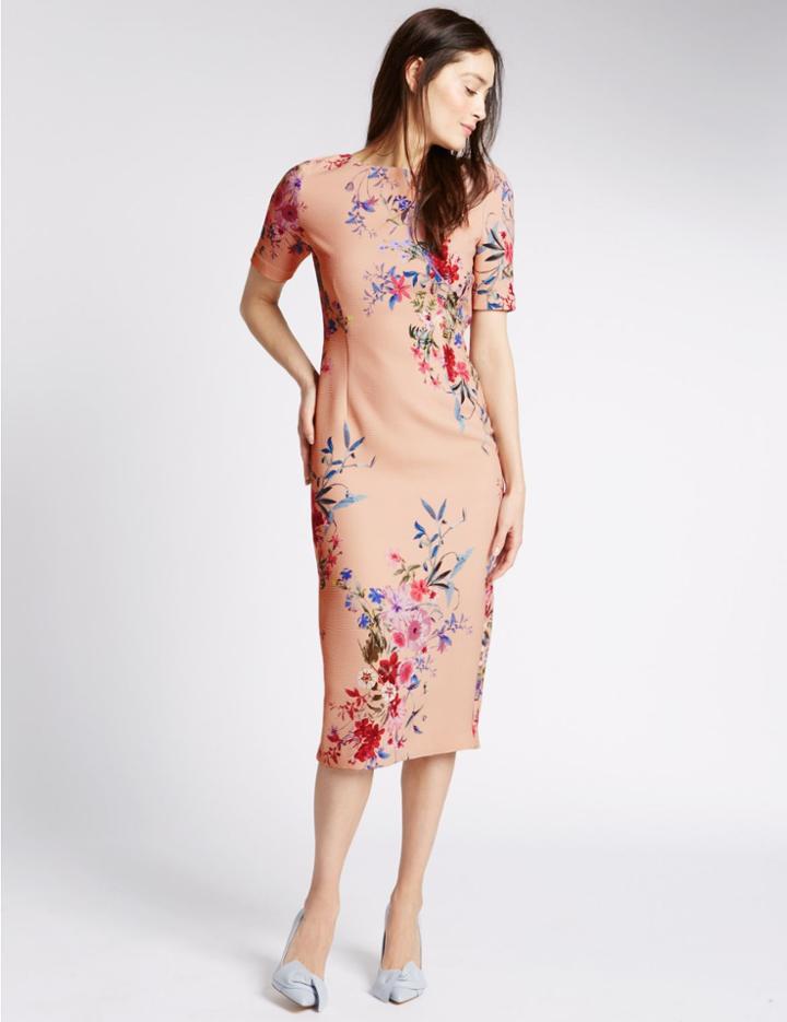 Marks & Spencer Floral Print Short Sleeve Bodycon Dress Blush