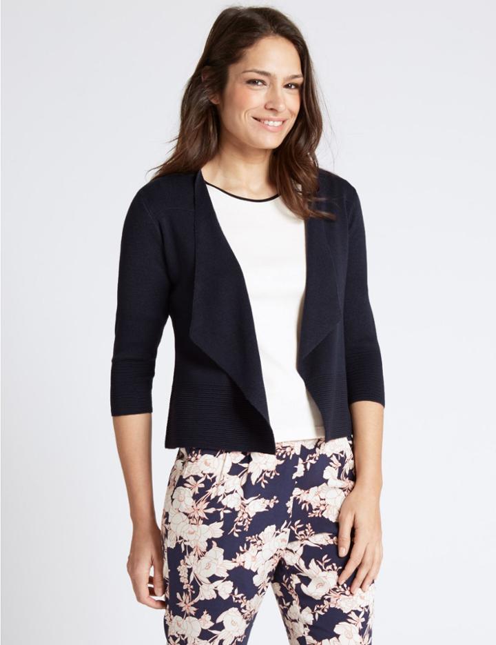 Marks & Spencer Ripple Hem Open Front 3/4 Sleeve Cardigan Navy