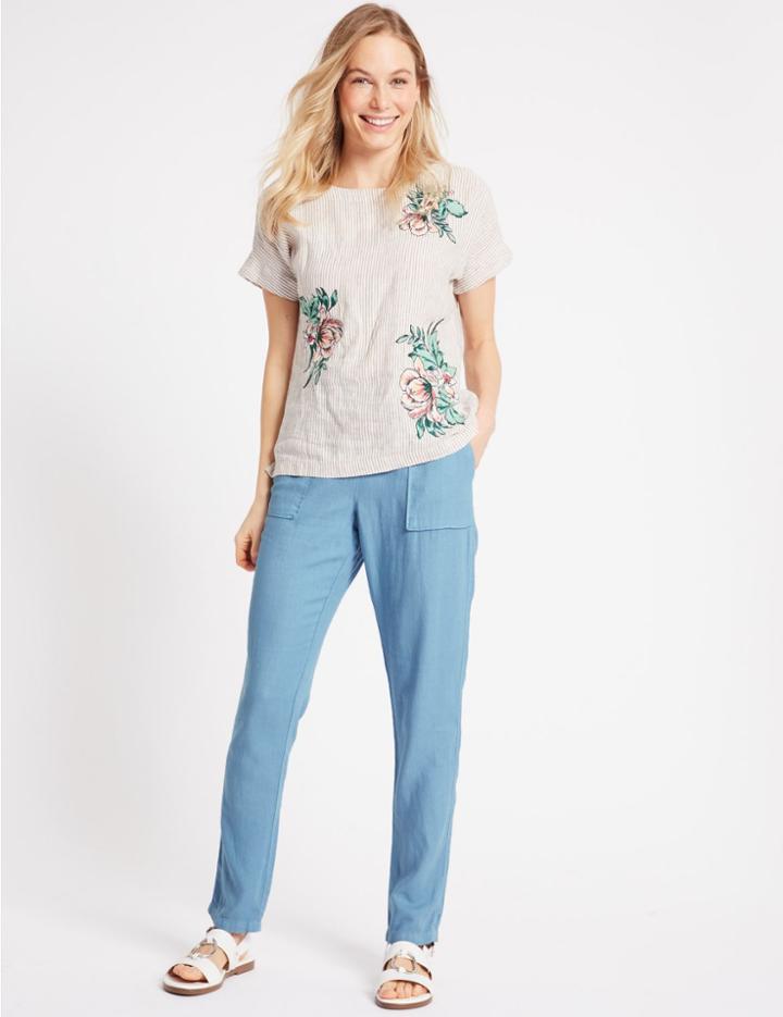 Marks & Spencer Linen Rich Peg Trousers Pale Blue