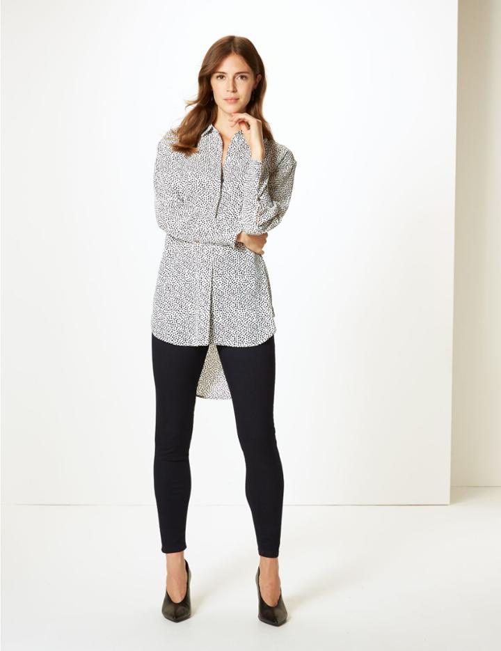 Marks & Spencer Printed Longline Long Sleeve Shirt White Mix