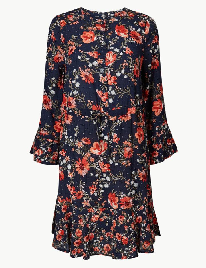 Marks & Spencer Floral Ruffle Hem Relaxed Mini Dress Navy Mix