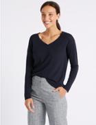 Marks & Spencer V-neck Long Sleeve Jumper With Linen Navy