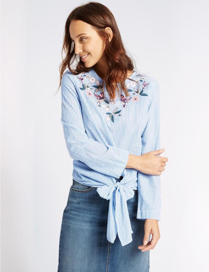 Marks & Spencer Pure Cotton Striped Long Sleeve Shell Top Blue Mix