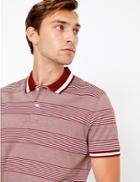 Marks & Spencer Pure Cotton Striped Polo Shirt Burgundy