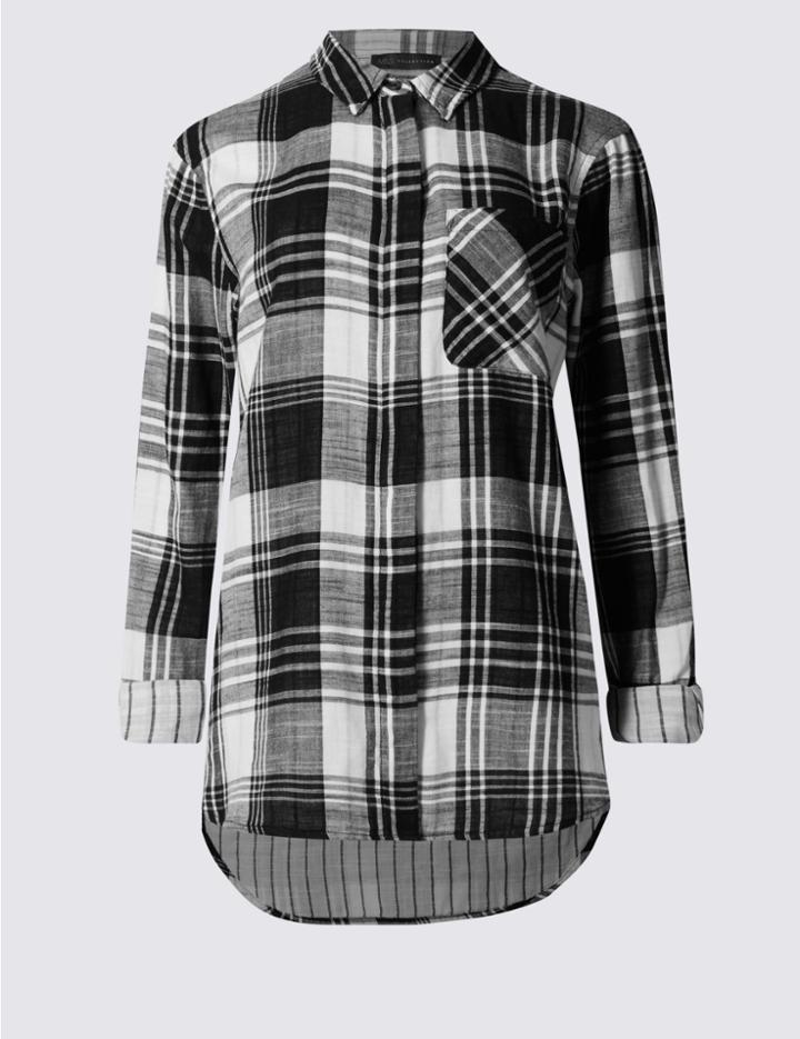 Marks & Spencer Pure Cotton Checked Long Sleeve Shirt Ivory Mix