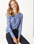 Marks & Spencer Floral Print Round Neck Long Sleeve Top Blue Mix
