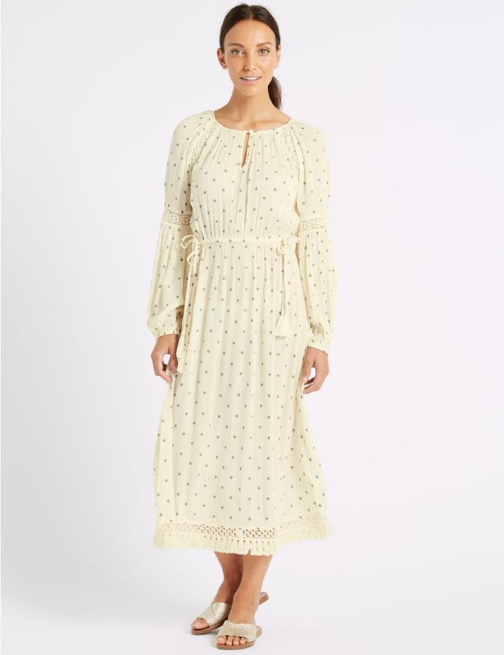 Marks & Spencer Printed Long Sleeve Fringe Detail Midi Dress Ivory Mix