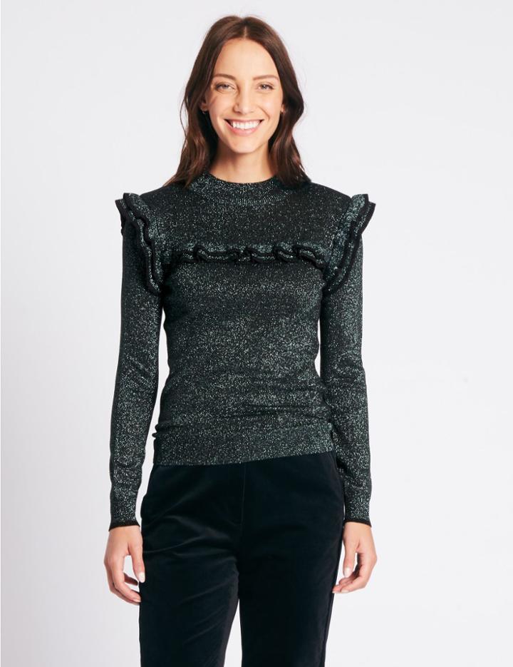Marks & Spencer Ruffle Yoke Lurex Turtle Neck Jumper Forest Green