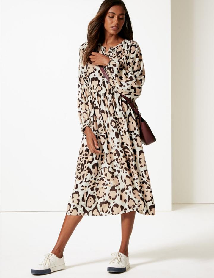 Marks & Spencer Animal Print Long Sleeve Tea Midi Dress Brown Mix