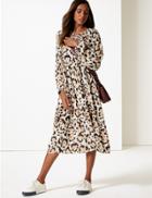 Marks & Spencer Animal Print Long Sleeve Tea Midi Dress Brown Mix