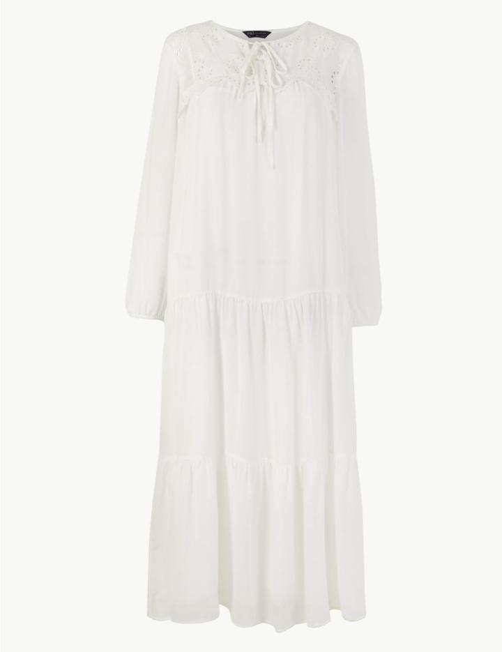 Marks & Spencer Embroidered Midi Relaxed Dress Ivory