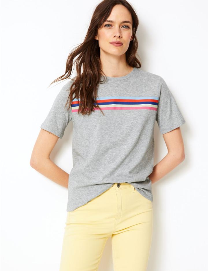 Marks & Spencer Pure Cotton Printed Straight Fit T-shirt Grey Marl