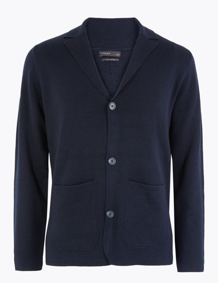 Marks & Spencer V Neck Cardigan With Wool Navy