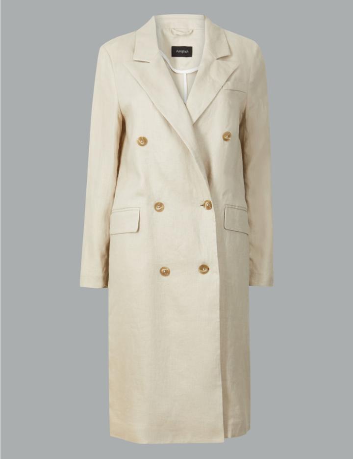 Marks & Spencer Pure Linen Double Breasted Longline Blazer Stone