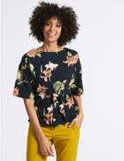 Marks & Spencer Floral Print Round Neck Half Sleeve T-shirt Navy Mix