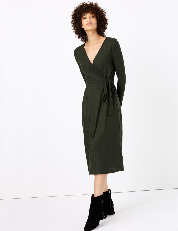 Marks & Spencer Ribbed Fit & Flare Midi Dress Fern Green