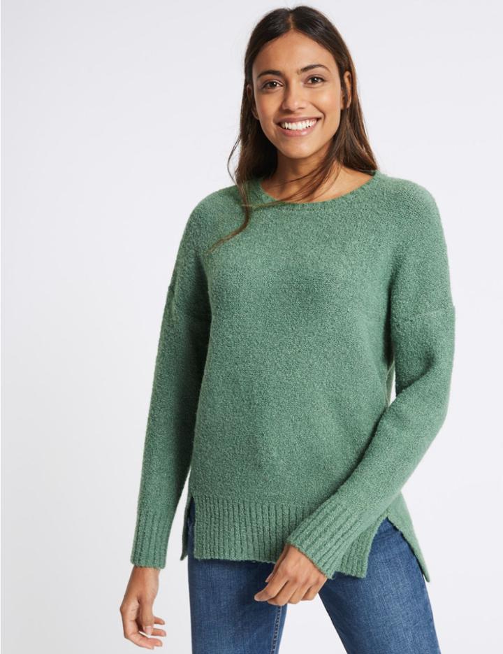 Marks & Spencer Textured Split Hem Round Neck Jumper Green