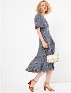 Marks & Spencer Floral Print Wrap Midi Dress Blue Mix