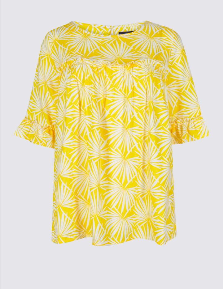 Marks & Spencer Palm Print Round Neck 3/4 Sleeve Blouse Buttercup
