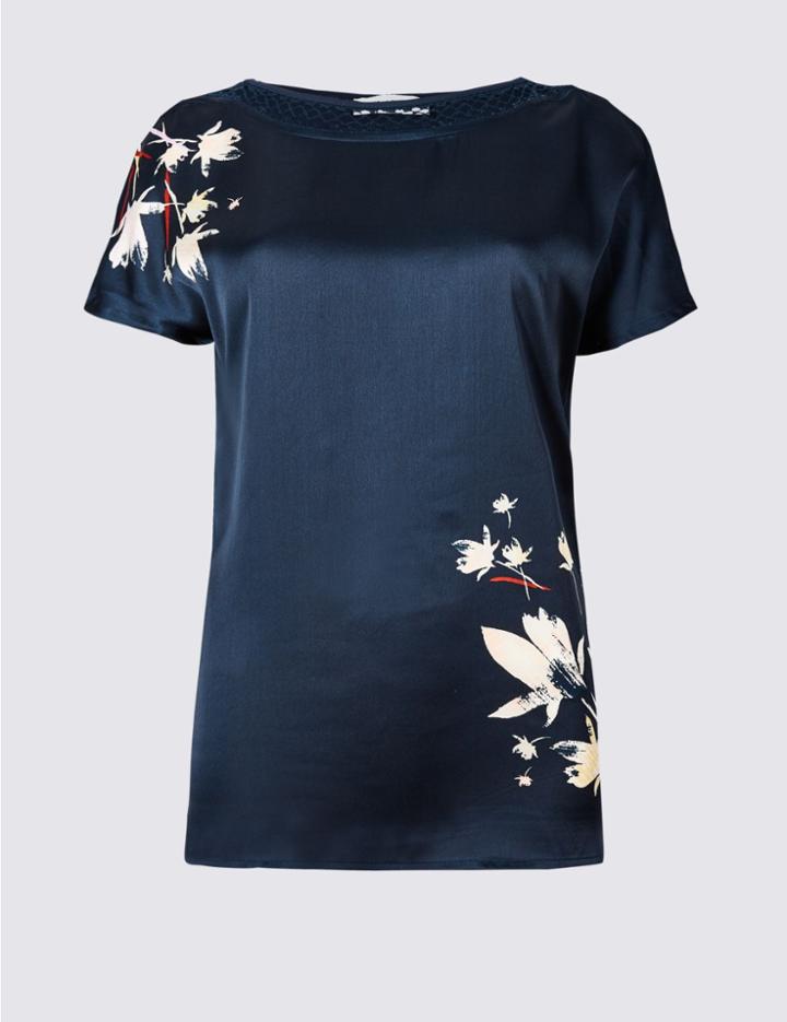 Marks & Spencer Floral Print Slash Neck Short Sleeve Top Navy Mix