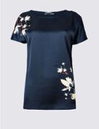 Marks & Spencer Floral Print Slash Neck Short Sleeve Top Navy Mix