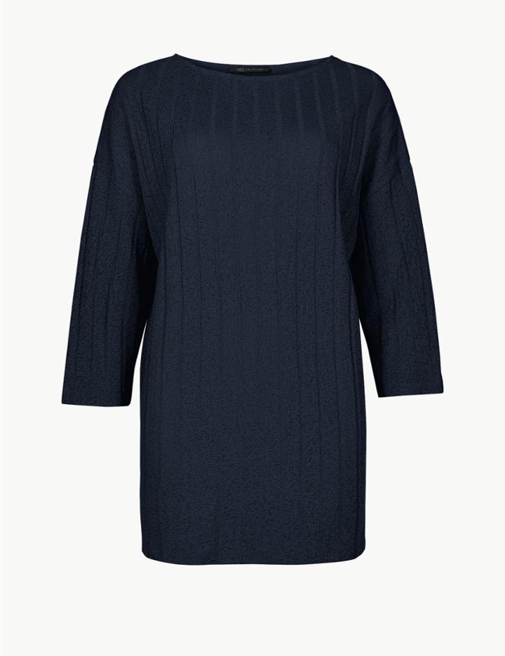 Marks & Spencer Textured Rib Slash Neck 3/4 Sleeve Blouse Navy