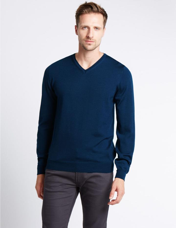 Marks & Spencer Merino Wool Rich Slim Fit Jumper With Silk Dark Marine
