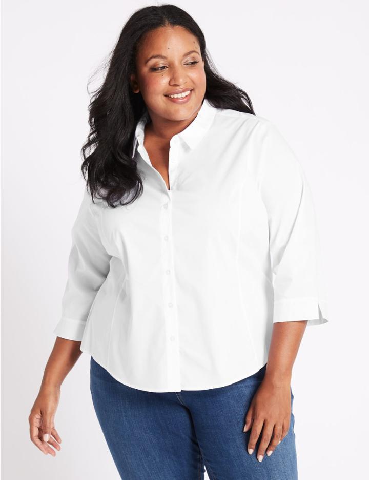 Marks & Spencer Curve Cotton Rich 3/4 Sleeve Shirt White