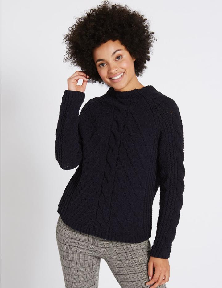 Marks & Spencer Chenille Cable Funnel Neck Jumper Navy