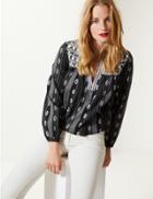 Marks & Spencer Cotton Rich Embroidered Long Sleeve Blouse Black Mix