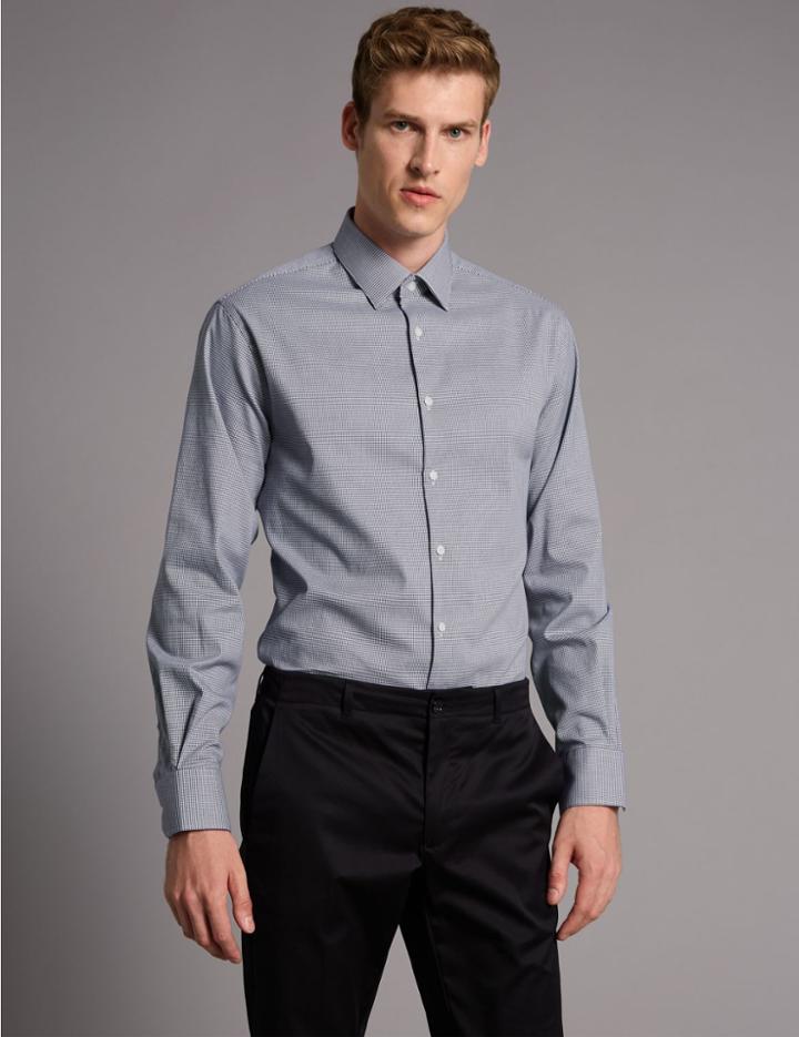 Marks & Spencer Cotton Rich Tailored Fit Shirt With Stretch French Navy