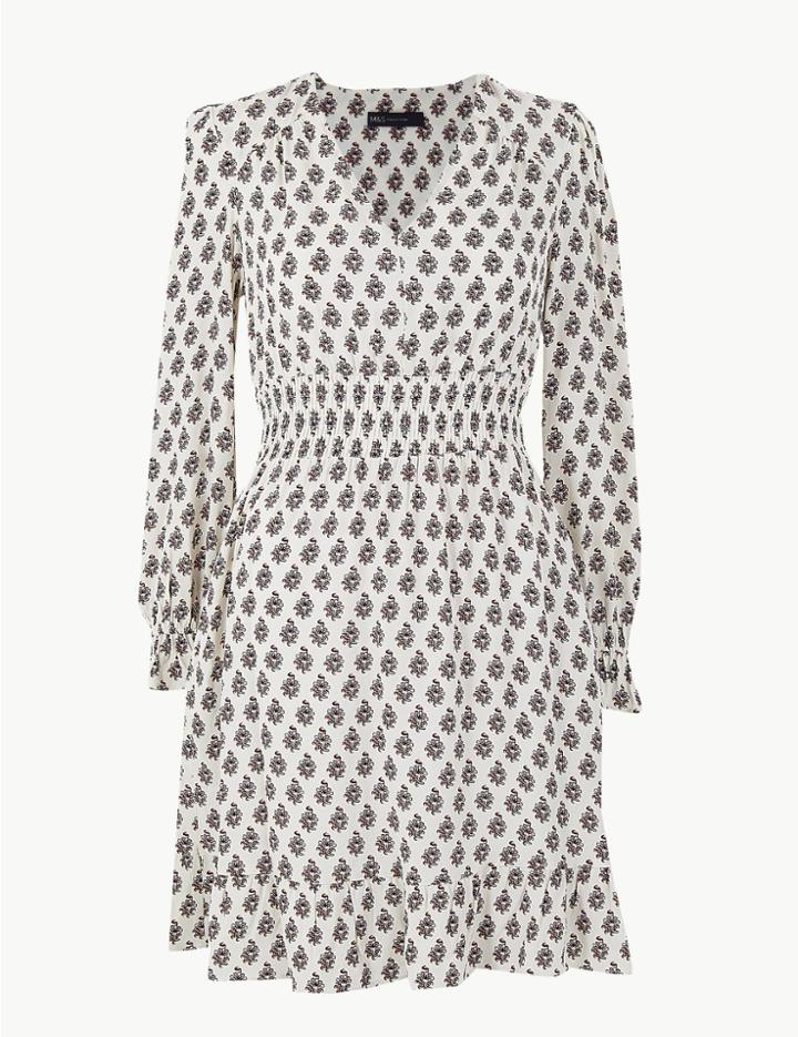 Marks & Spencer Floral Frill Detail Waisted Dress Ivory Mix