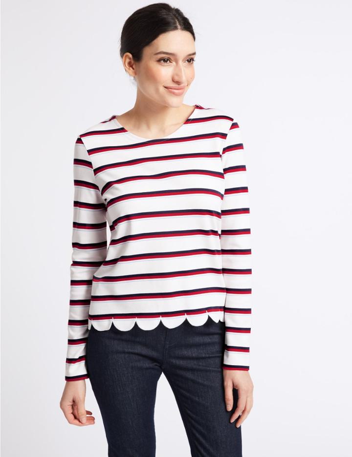 Marks & Spencer Striped Scallop Hem Long Sleeve Top Ivory Mix