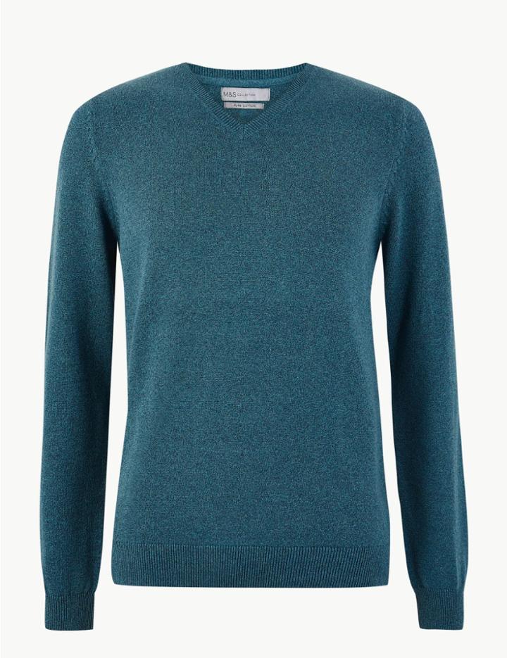 Marks & Spencer Pure Cotton V-neck Jumper Teal Mix