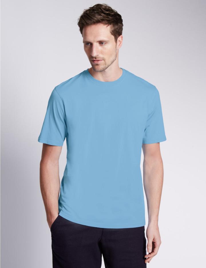 Marks & Spencer Pure Cotton Regular Fit T-shirt With Staynew&trade; Pale Blue