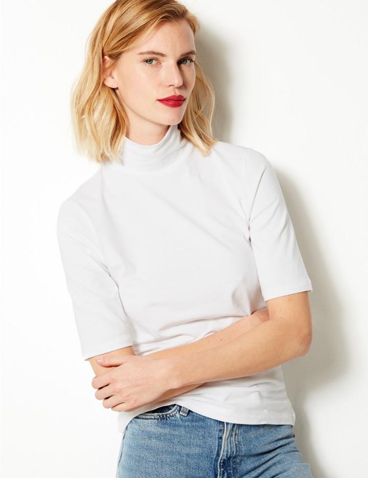 Marks & Spencer High Neck Short Sleeve Fitted T-shirt Soft White