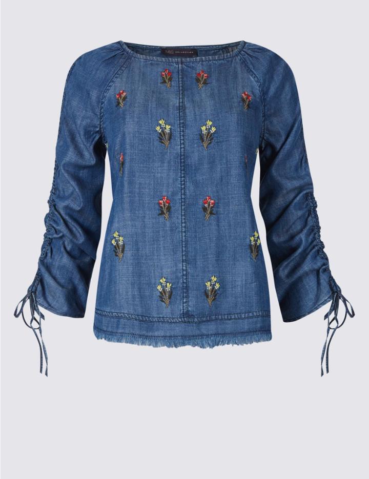 Marks & Spencer Petite Embroidered Round Neck Blouse Denim Mix