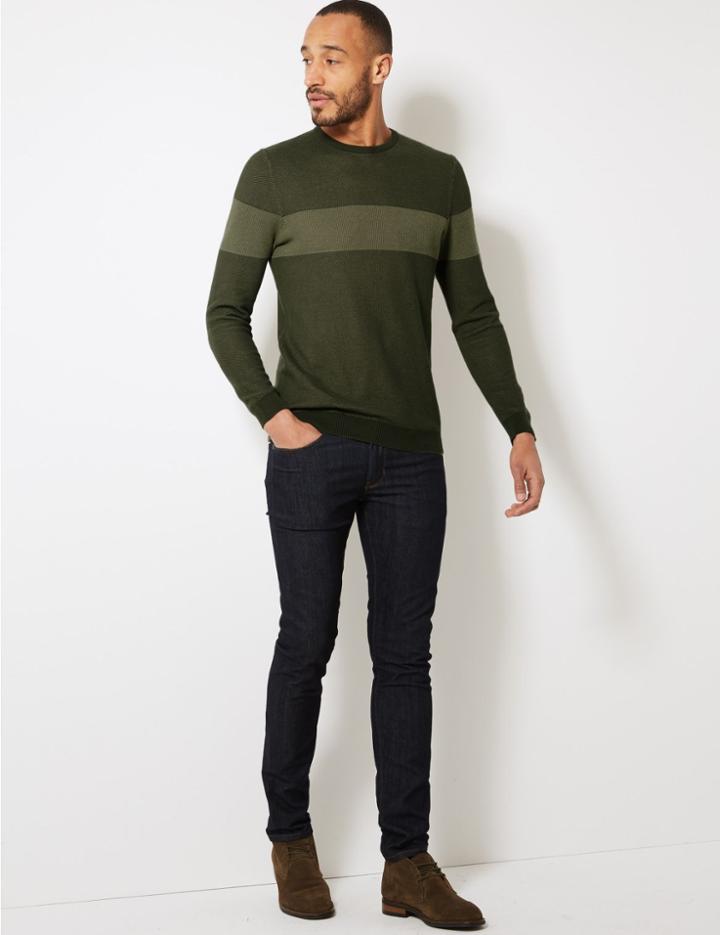 Marks & Spencer Pure Cotton Striped Jumper Khaki