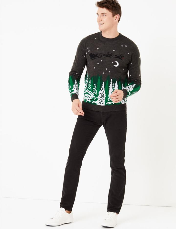 Marks & Spencer Forest & Sleigh Design Crew Neck Jumper Charcoal Mix
