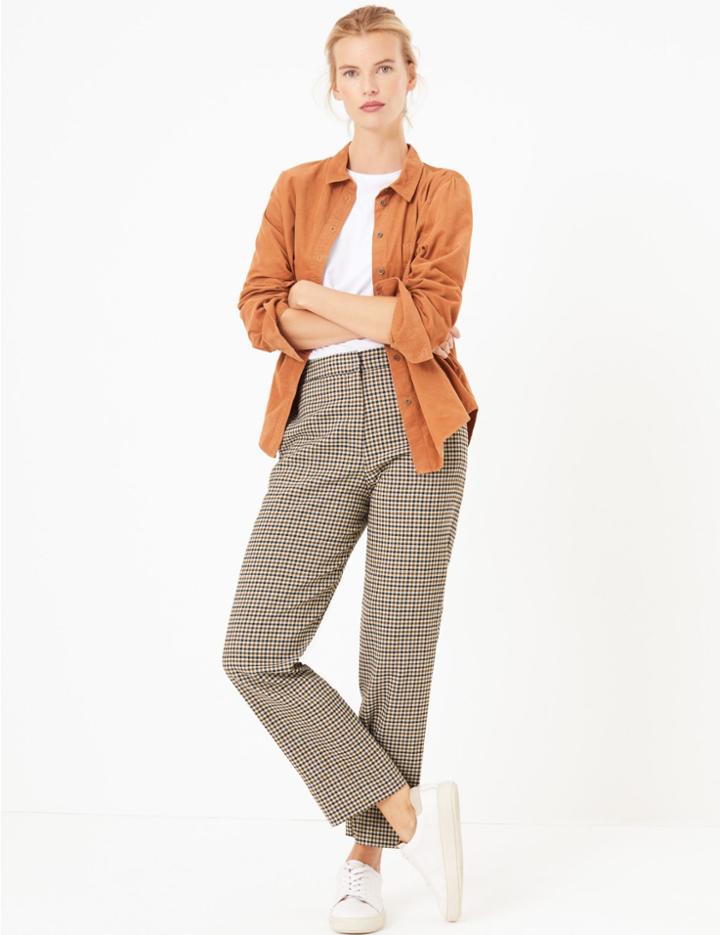 Marks & Spencer Checked Straight Leg 7/8 Trousers Neutral Brown