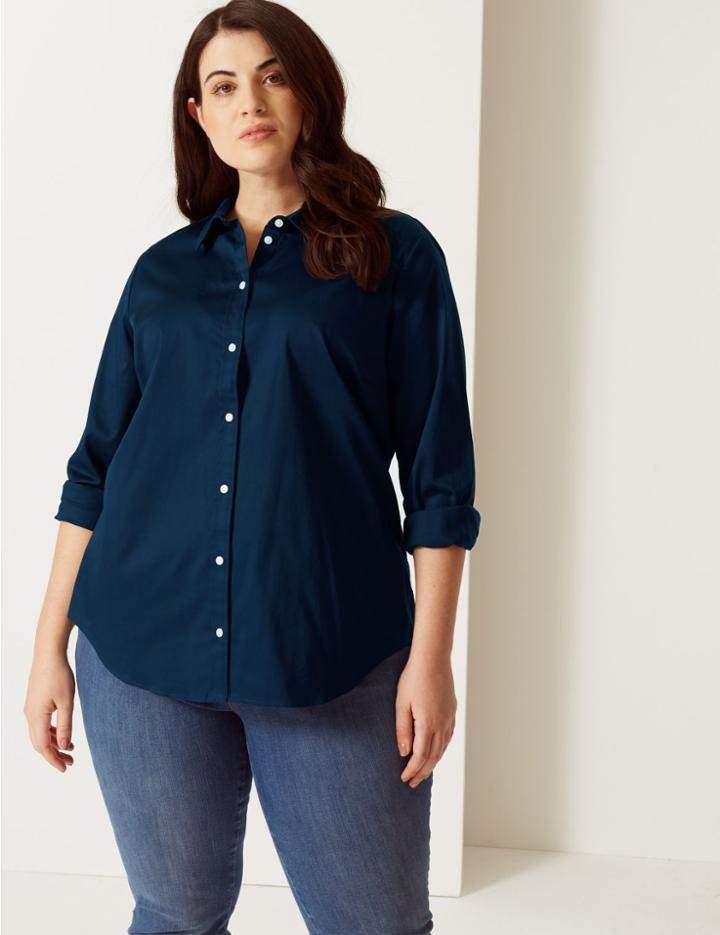 Marks & Spencer Curve Cotton Rich Fuller Bust Shirt Navy
