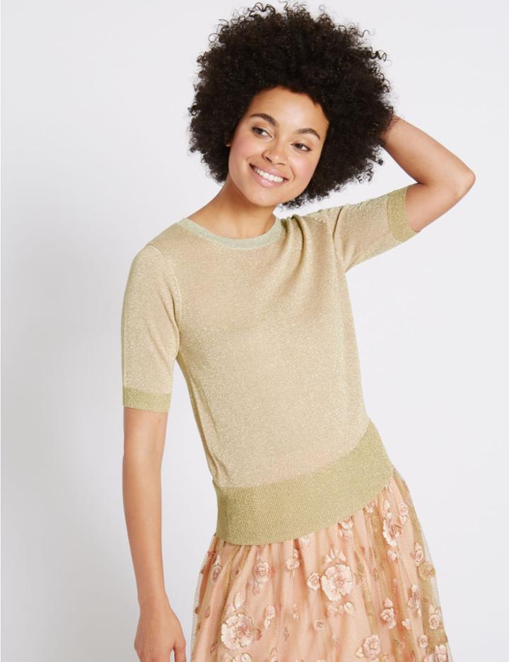Marks & Spencer Sparkly Round Neck Short Sleeve Jumper Copper Rose