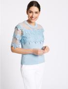 Marks & Spencer Cotton Bend Lace Round Neck Jumper China Blue