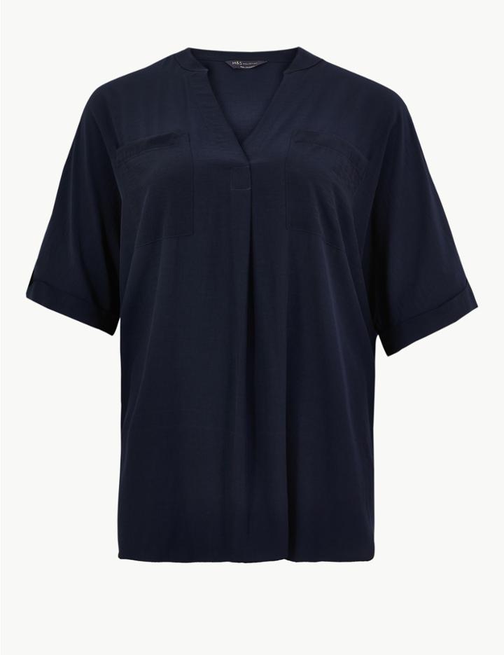 Marks & Spencer Curve V Neck Short Sleeve Blouse Navy