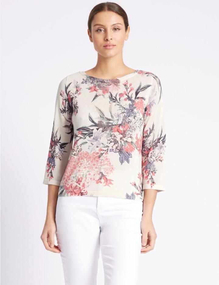 Marks & Spencer Floral Print Round Neck 3/4 Sleeve Jumper Ivory Mix