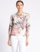 Marks & Spencer Floral Print Round Neck 3/4 Sleeve Jumper Ivory Mix