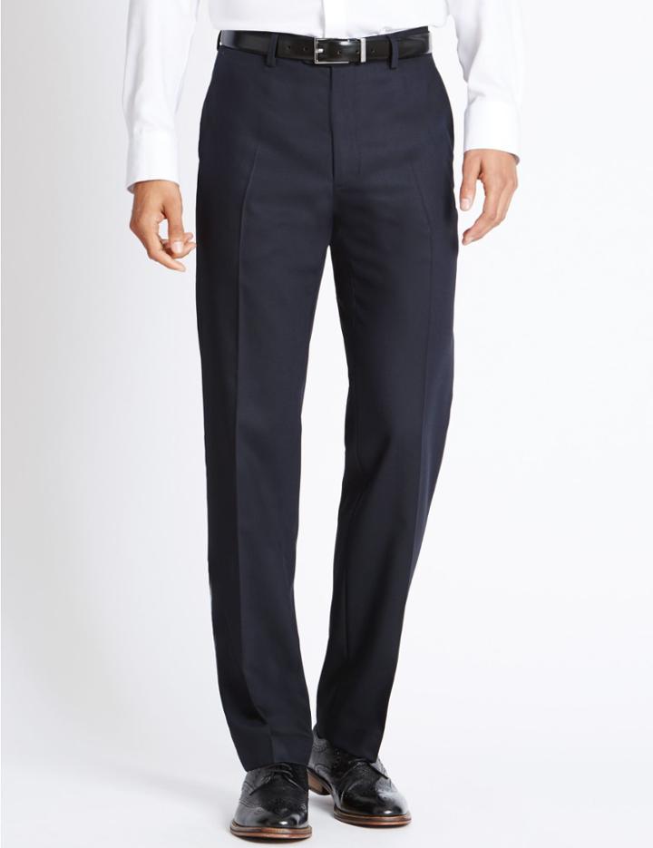 Marks & Spencer Tailored Fit Pure Wool Flat Front Trousers Navy