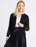 Marks & Spencer Pearl Sleeve Open Front Cardigan Navy