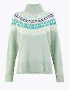 Marks & Spencer Pure Cashmere Fair Isle Roll Neck Jumper Mint Mix